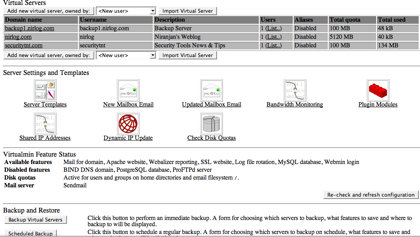 All Virtual hosts can be managed from a single interface. You can see the all the existing virtual hosts and their total allocated quota and usage.